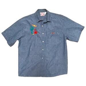 PLEASE THANK YOU Vintage Pearl Snap Embroidered Blue Western Blouse, Size Medium